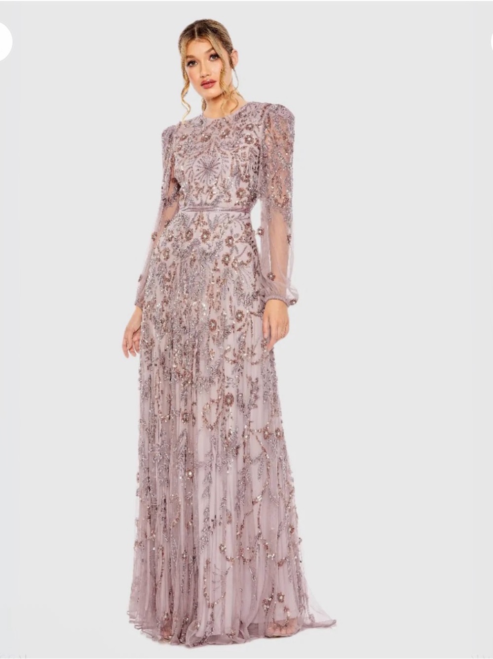 Mac Duggal Mauve Beaded Long-Sleeve Maxi Gown